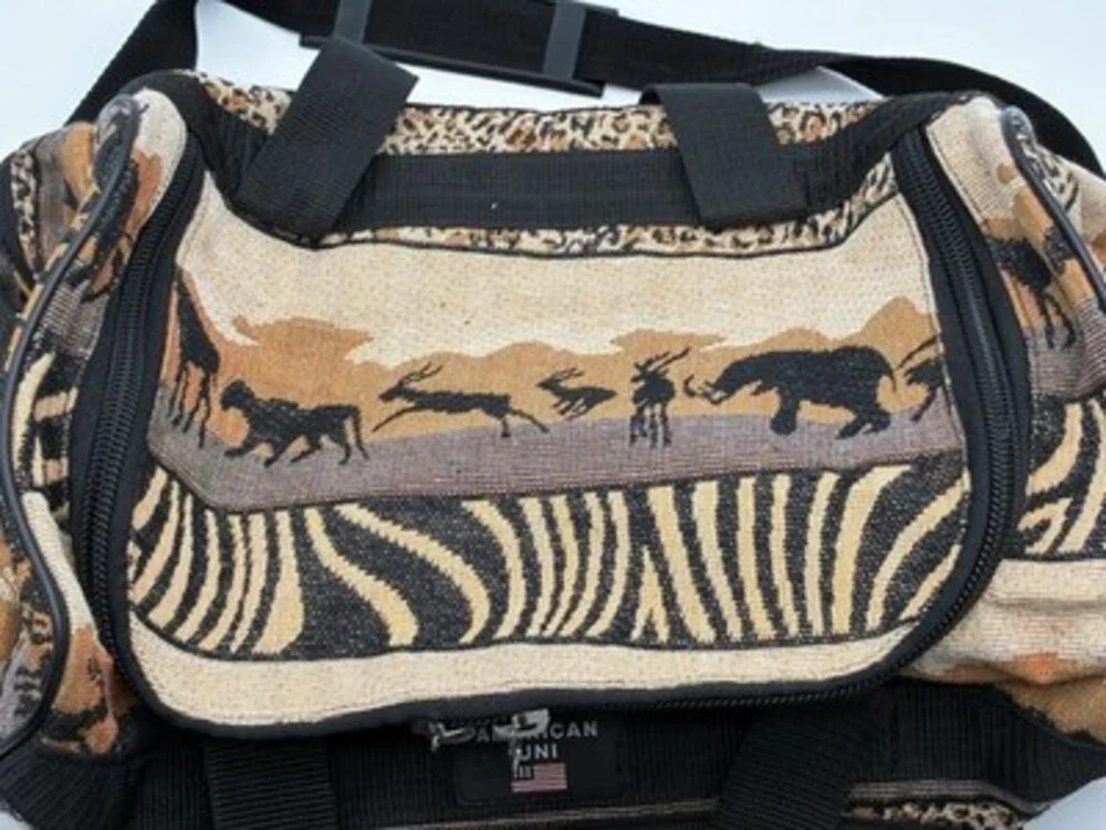 Vintage American UNI Safari Animal Tapestry Duffel Bag Travel Gym Tote 18”